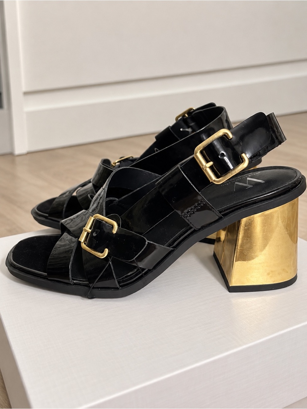 Black Patent Leather Block Heel Sandals with Gold Buckles